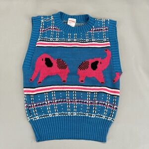 Girls Elephant Sweater Vest Size 6 6X Large Vintage JCPenney Teal Pink JC Penney
